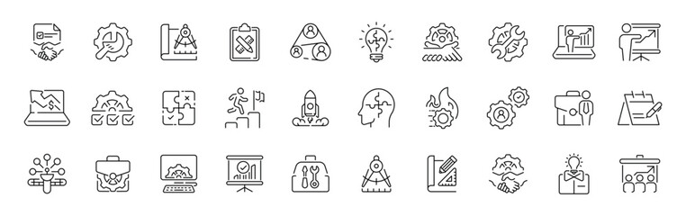 Fototapeta premium Project management outline icon set. modern thin line style with editable stroke icons for efficient workflow and leadership