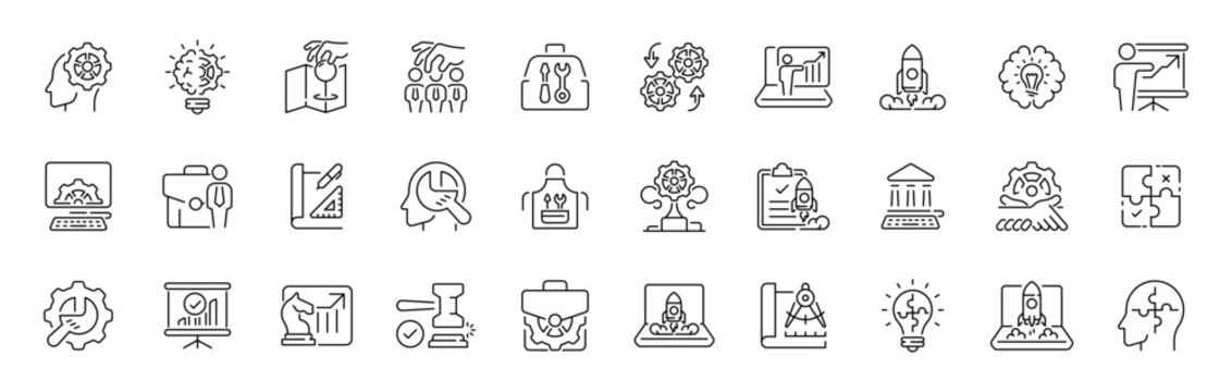 Business growth outline icon set: thin line editable stroke for success and innovation concepts