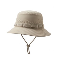 Fototapeta premium A light grey tactical bucket hat with a wide brim and an adjustable chin strap for outdoor use.