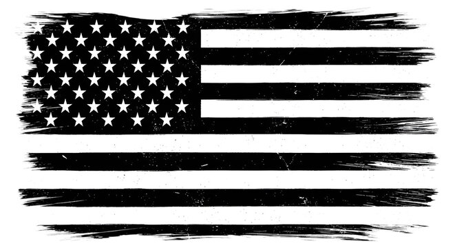 Distressed black and white american flag with a horizontal grunge, brushstroke, and weathered texture effect, isolated on transparent background