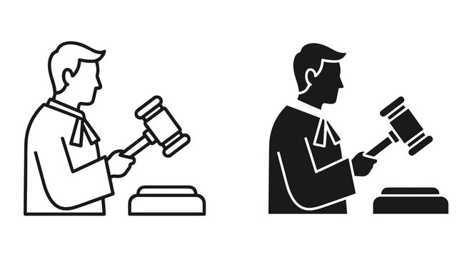 Judge icon set with gavel and robe in outline and solid styles, white background