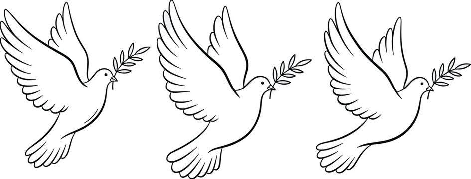 Peace Dove Icon Set Featuring Flying Doves with Olive Branch for Peace, Love, and Spirituality Designs
