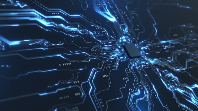 Technology Background Animation CPU Futuristic Circuit. 3D AI Processor Power. Blue Green Process. Data Board Chip Virtual Ai Artificial Intelligence CPU Central Computer Processors Cyber technology