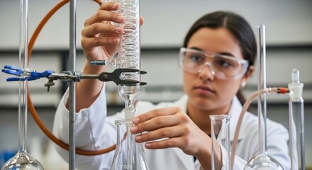 Obraz premium Student carefully attaching lab equipment for science experiment