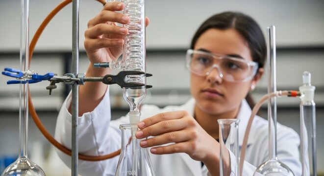 Student carefully attaching lab equipment for science experiment