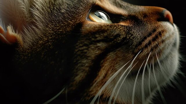 Close-up of a cat's face looking upwards with detailed fur and whiskers.