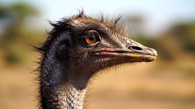 Profile close up of an emu in natural outdoor habitat