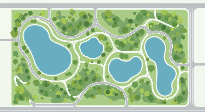 Top-down aerial view of a green park landscape with four blue lakes and winding pathways