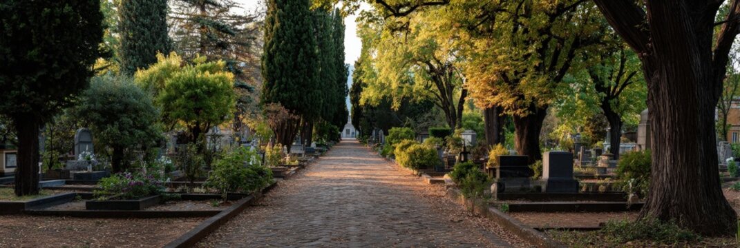 Autumn tree lined cemetery path with graves and statue at vanishing point under golden light