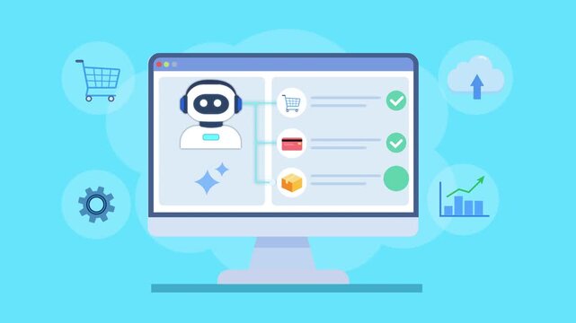 Flat vector animation of a business dashboard with robot assistant, workflow steps, gear, shopping cart, upload, and analytics icons, representing automation and digital processes.