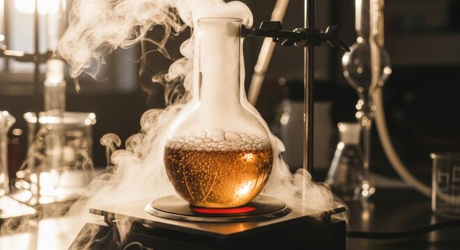 Round bottom flask with boiling solution on hot plate