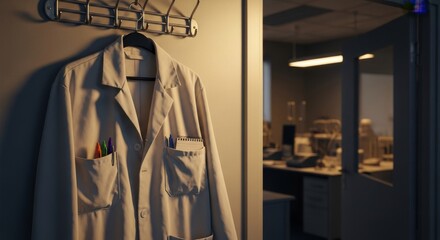 Fototapeta premium Scientist's Lab Coat Hanging on a Hook in a Lab