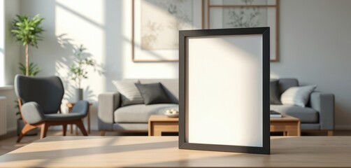 Fototapeta premium Black picture frame on wood table in living room. Minimalist interior decor, sofa, chair, plants. Space for text, image, artwork. Modern home setting.