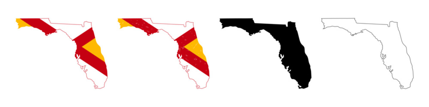 Map of Florida State Silhouette Set with Spanish Colonial Heritage Flag Colors, Black Fill, and Outline Vectors | Florida State Map Vector Set: Grunge Spanish Flag Pattern, Solid Black Silhouette