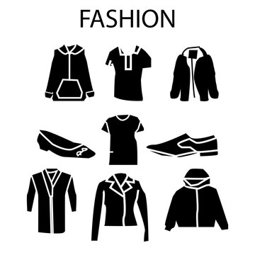 Fashion clothing icon set in flat style featuring hoodie jacket, polo shirt, blazer, high heels, t-shirt, sneakers, suit jacket, collared shirt, and hooded sweatshirt. representative fashion theme.