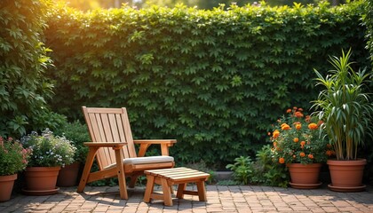 Obraz premium Wooden chair with footrest sits on brick patio near green hedge and potted plants. Sunlight shines on garden furniture. Peaceful outdoor seating.