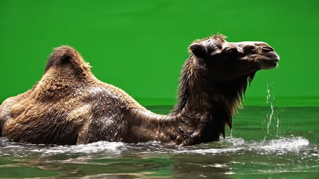 Camel Swimming in Water with Green Screen Background