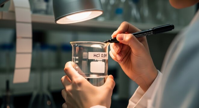 Student carefully labels beaker with chemical solution in lab
