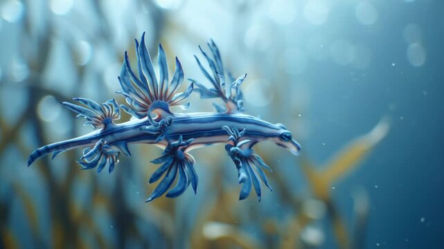 Close-up of a blue dragon sea slug underwater in marine environment.