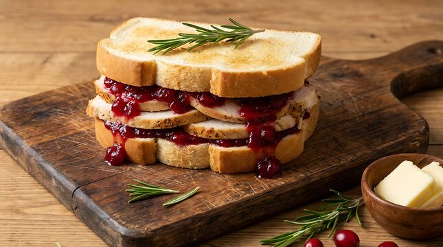 A decadent thanksgiving leftover sandwich featuring turkey cranberry sauce and stuffing beautifully presented on wood
