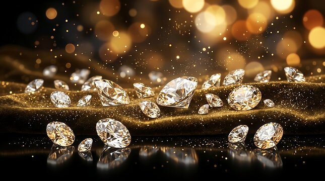 A dazzling display of glittering diamonds and gemstones on a dark reflective surface evoking luxury and wealth