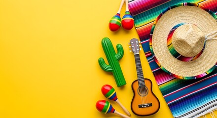 Obraz premium Festive cinco de mayo celebration mexican decorations sombrero and traditional instruments