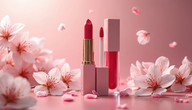 Luxury pink lipstick and lip gloss sit among delicate cherry blossoms. Pink petals fall softly, creating a romantic spring mood. Elegant beauty products for makeup.