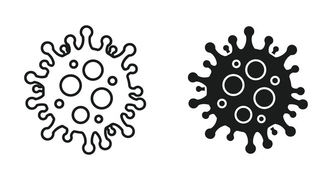 Coronavirus icon set with outline and solid glyph styles, virus cell symbol, white background