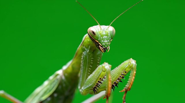 Close-Up of a Praying Mantis on a Green Background