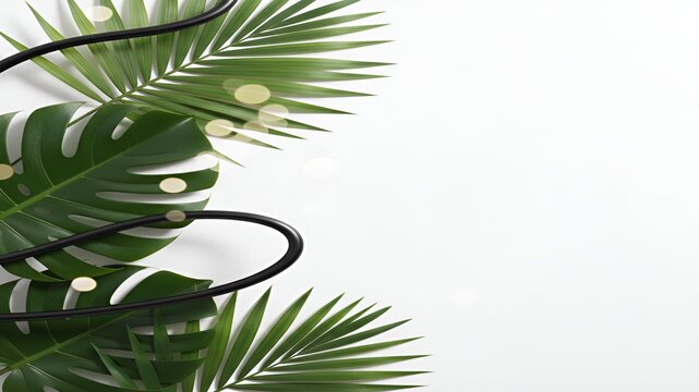 Modern Green Tropical Leaves with Black Lines on White Background