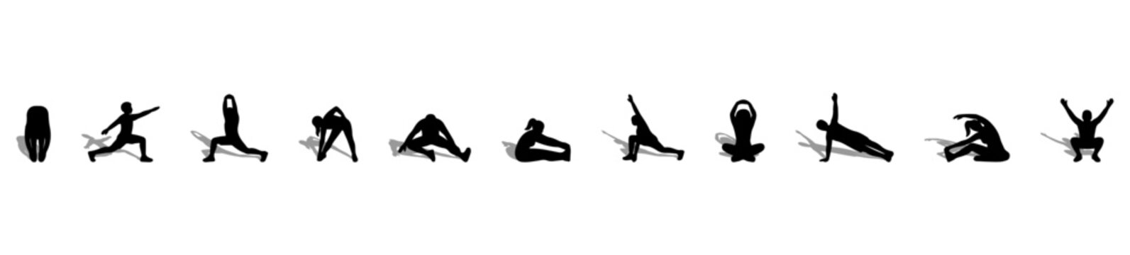 People Exercising and Stretching Silhouette Vector Set, Side Elevation Solid Black Fitness Figures for Architectural Plans and Athletic Site Analysis