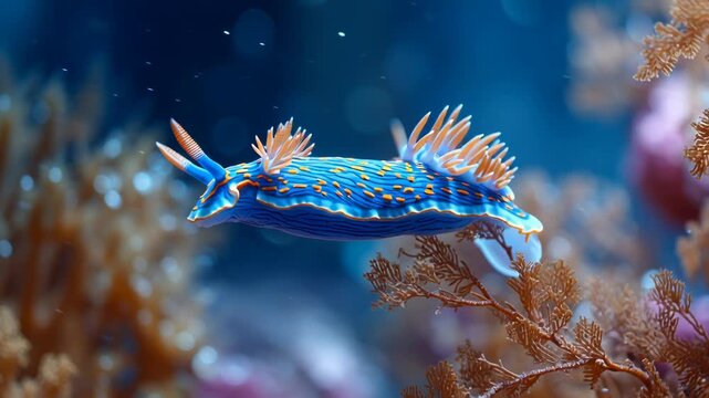 Close-up of a colorful blue sea slug underwater in coral reef environment.
