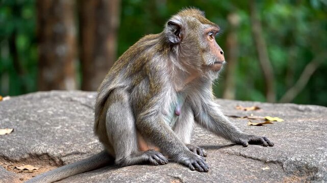 A video of a monkey sitting on a rock in a natural outdoor setting