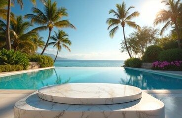 Fototapeta premium Marble pedestal sits by infinity pool overlooking ocean. Tropical hotel garden has palm trees. Blue sky shines brightly. Perfect for luxury resort ads, travel promos, or product shots.