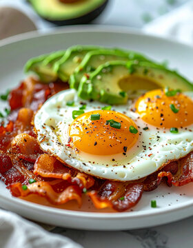 Keto breakfast with crispy bacon, fried eggs and sliced avocado on white plate, appetizing food. Tasty meal. Cooking and culinary