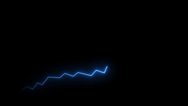 A bright neon blue jagged line graph ascends diagonally against a deep black background with subtle glowing particles creating a sense of digital energy and upward momentum