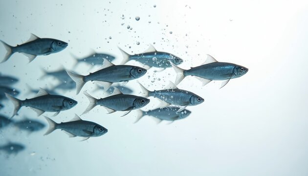 School of silver fish swim together in clear water with bubbles. Small fish move as one group in blue liquid. Underwater scene features marine life swimming in unison.