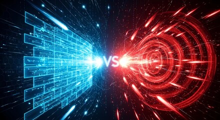 Fototapeta premium Cyber attack visualization with glowing red energy piercing through a cyan digital firewall and scattered data particles.