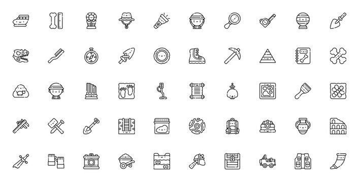 Archeology icon set. Vector illustration of ancient artifacts, tools and symbols like dinosaur skull, sarcophagus, fossil, compass, map and more. Editable stroke.