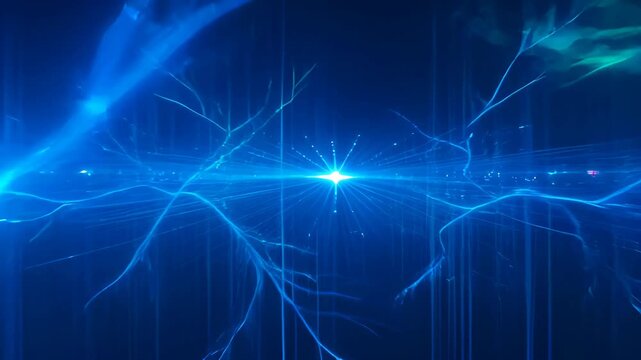 Blue light abstract background with digital network, glowing line energy connection, neon branch light effect on dark background, futuristic digital art scene with cyan, purple, green glow