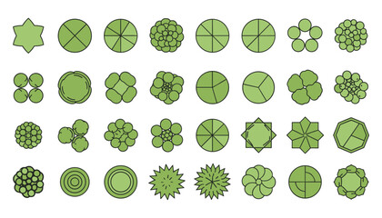 A diverse collection of green abstract top-down symbols represents various trees and plants for architectural plans. © FarukStock