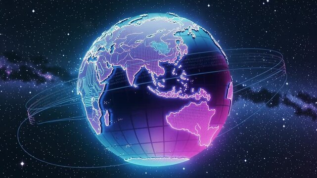Futuristic digital globe with neon technology lines and data flow in outer space background