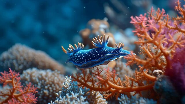 Colorful underwater scene featuring a blue nudibranch on coral reef.