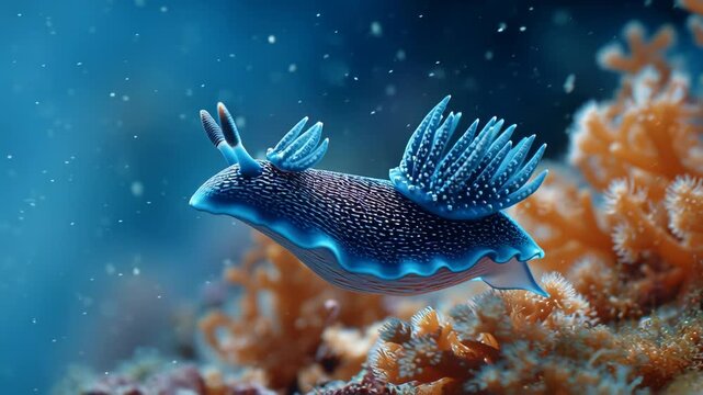 Close-up of a blue sea slug on coral reef underwater.