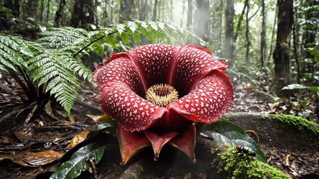 Close-up of a large red Rafflesia flower in a dense tropical rainforest.