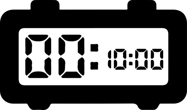 Digital clock display, electronic timer, LCD screen, black and white icon