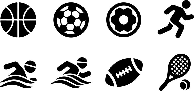 Sports icons, athletic symbols, fitness logos, 8 black pictograms