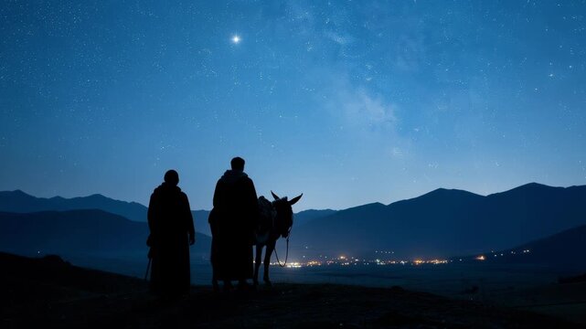 Silhouettes of two people and a donkey under a starry night sky overlooking distant mountains and village lights