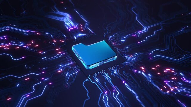 Glowing Processor Chip Circuit Board macro animation. technology promos, AI visuals, or hardware branding processor core by neon traces data flow, computing power and advanced electronics.