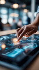Fototapeta premium Close up of a hand on a holographic ai business analysis interface processing data from various business domains cool blue holographic glow defocused bright modern office with